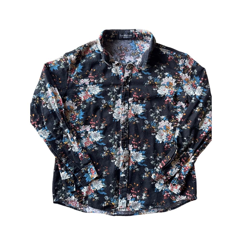 Luc Matton Mens L Black Floral Linen Blend Button Up Cottagecore Shirt